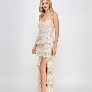 Say Yes Juniors All Over Sequin Tiered Mesh Gown Dress White/Iridescent Size 11